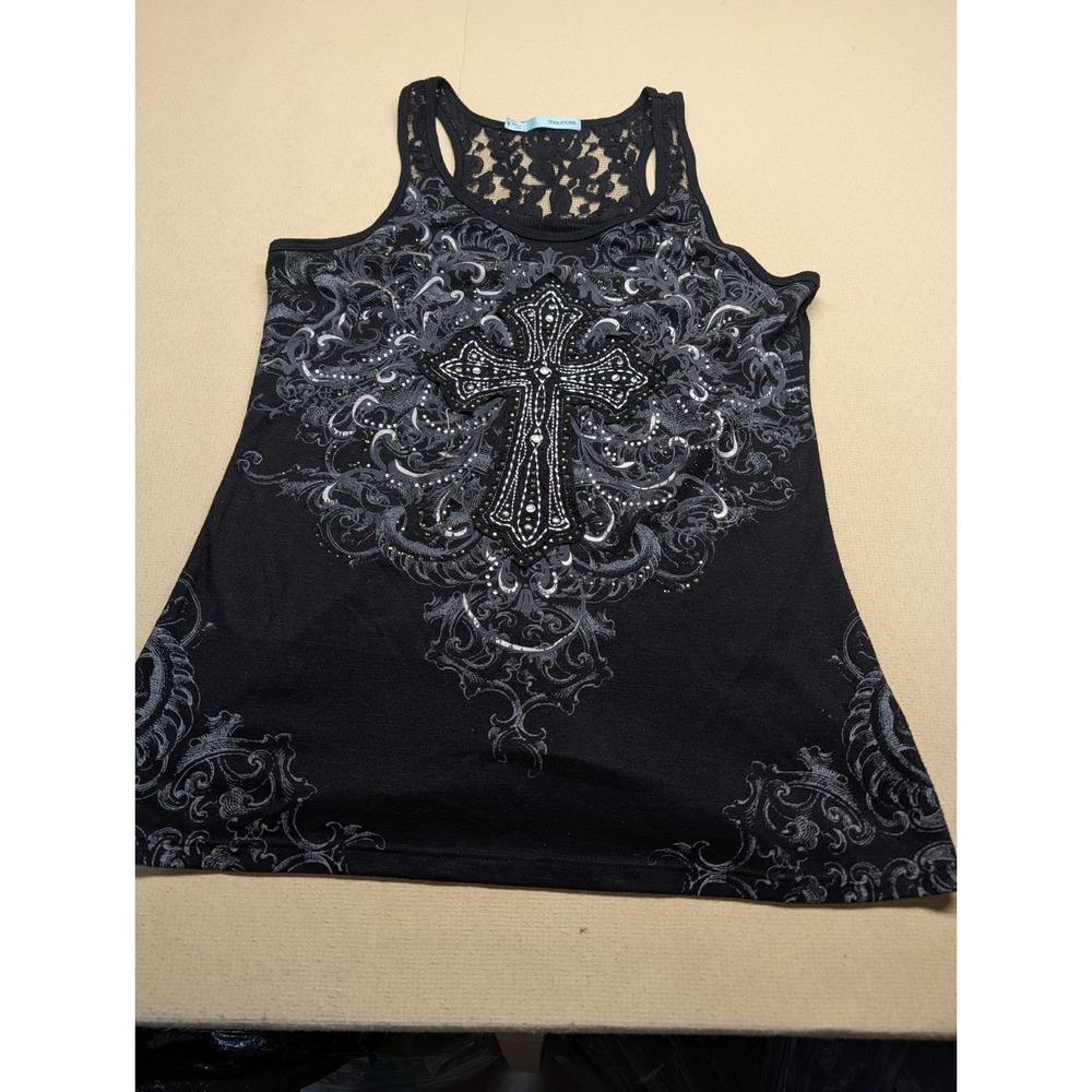 Women's Maurices Black Tank Top Silver Cross Graphic Lace Racerback Size Small